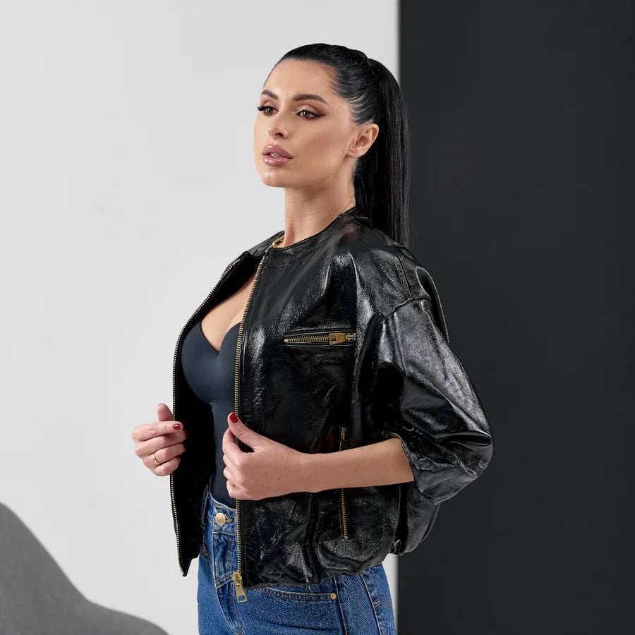 RIANA - Patent Leather Bomber Jacket